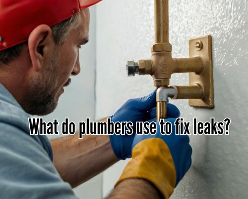 Plumber with gloves fixing a pipe leak.