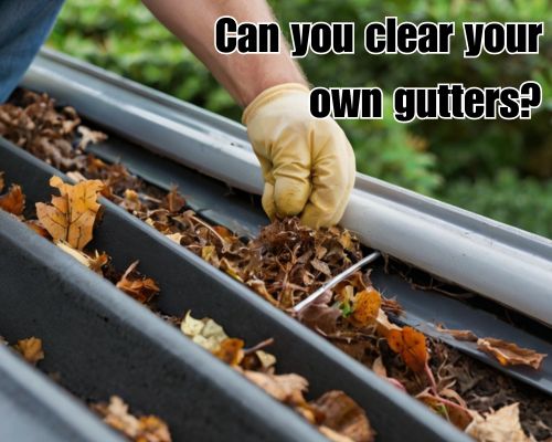 Worker cleaning leaves from gutter.